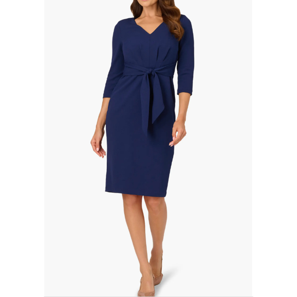 Adrianna Papell Women V-Neck Tie-Waist 3/4-Sleeve Sheath Dress Navy Size 6 17246